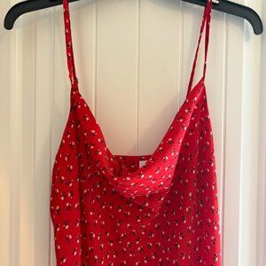 Princess Polly Red Floral Midi Dress - Cowl Neck, Slit, Size 8